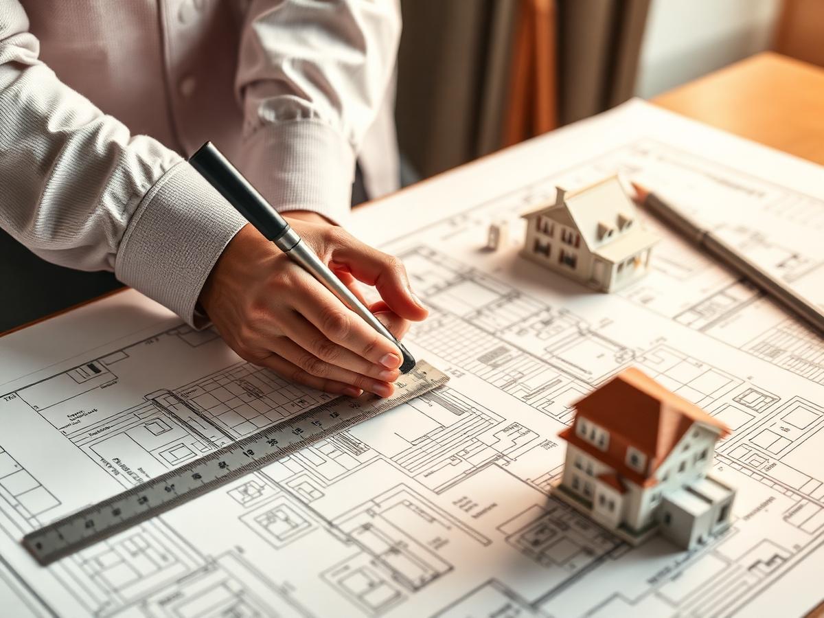 Architect preparing technical building drawings
